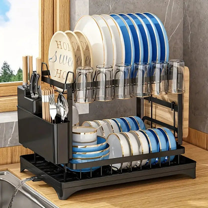 2-Tier Expandable Dish Drying Rack, Foldable Carbon Steel Kitchen Counter Organizer with Pull-Out Drainboard.