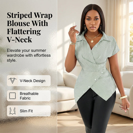 Casual Striped Wrap Shirt Dress, Slim-Fitting Office Wear, Women's Fashionable Long Sleeve Top, Comfortable Commuter Style