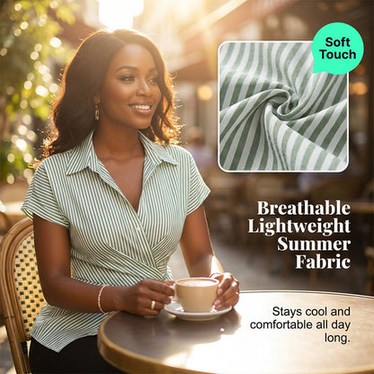 Casual Striped Wrap Shirt Dress, Slim-Fitting Office Wear, Women's Fashionable Long Sleeve Top, Comfortable Commuter Style