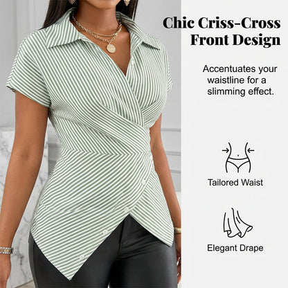 Casual Striped Wrap Shirt Dress, Slim-Fitting Office Wear, Women's Fashionable Long Sleeve Top, Comfortable Commuter Style