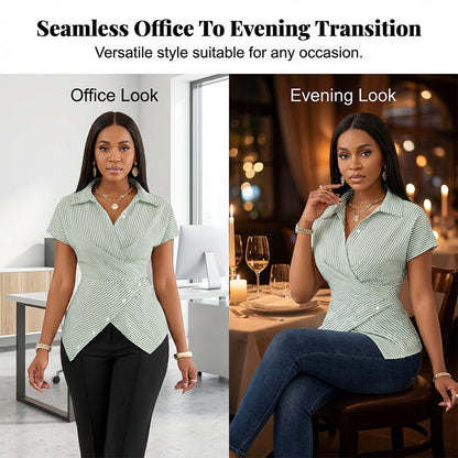 Casual Striped Wrap Shirt Dress, Slim-Fitting Office Wear, Women's Fashionable Long Sleeve Top, Comfortable Commuter Style