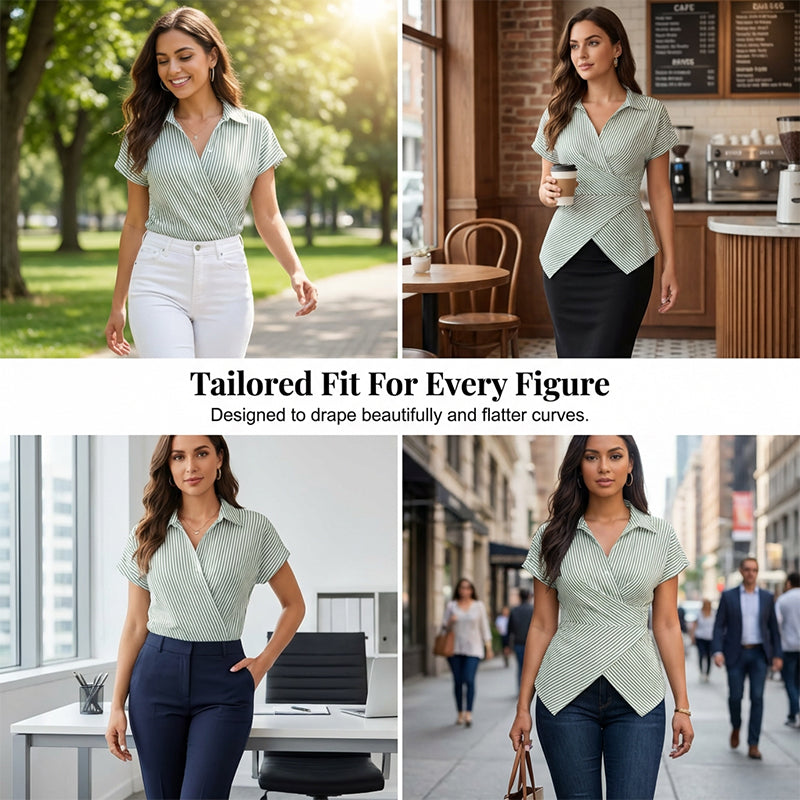 Casual Striped Wrap Shirt Dress, Slim-Fitting Office Wear, Women's Fashionable Long Sleeve Top, Comfortable Commuter Style