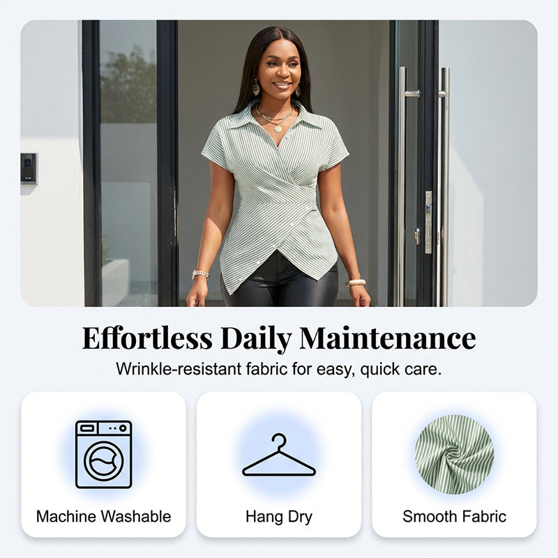 Casual Striped Wrap Shirt Dress, Slim-Fitting Office Wear, Women's Fashionable Long Sleeve Top, Comfortable Commuter Style