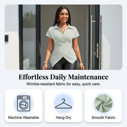 Casual Striped Wrap Shirt Dress, Slim-Fitting Office Wear, Women's Fashionable Long Sleeve Top, Comfortable Commuter Style