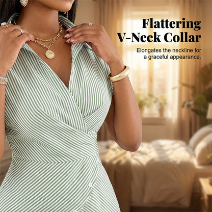 Casual Striped Wrap Shirt Dress, Slim-Fitting Office Wear, Women's Fashionable Long Sleeve Top, Comfortable Commuter Style